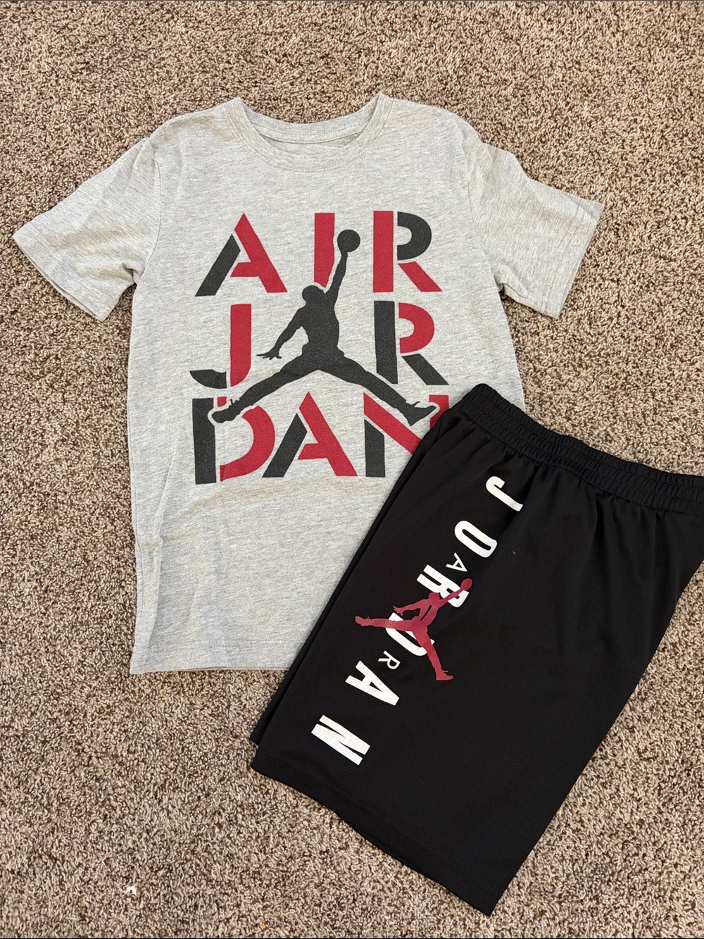 Jordan Gray Tee with Black Shorts and Red/Black Logo
